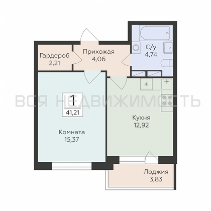 1-комнатная квартира, 41.21кв.м - изображение