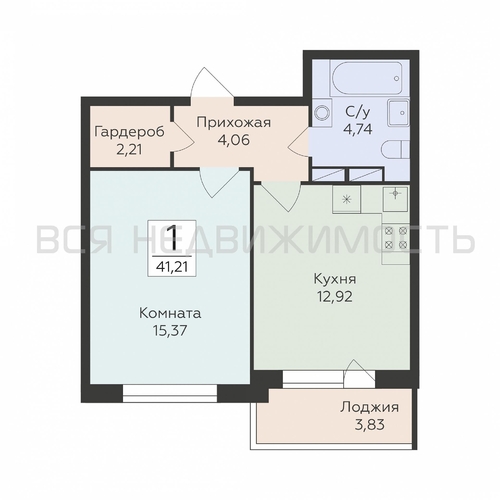 1-комнатная квартира, 41.21кв.м - изображение 0