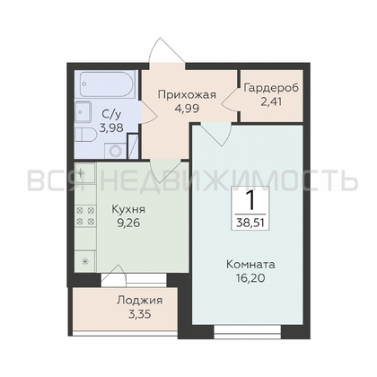 1-комнатная квартира, 38.51кв.м - изображение