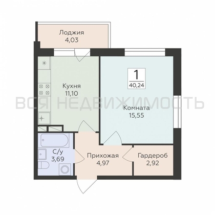 1-комнатная квартира, 40.24кв.м - изображение