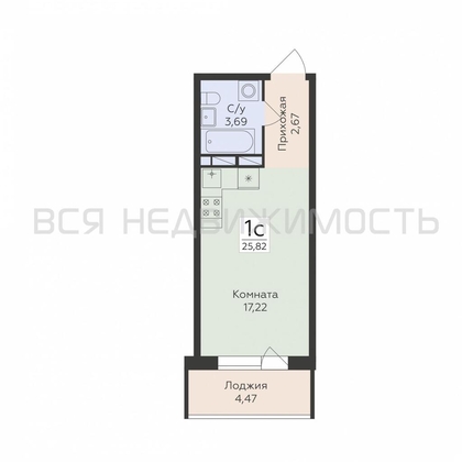 квартира-студия, 25,82кв.м. - изображение