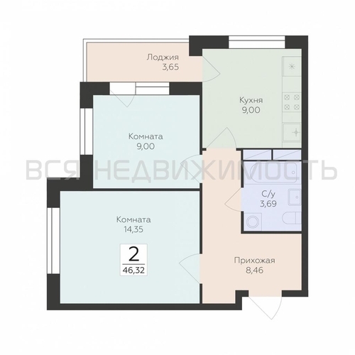 2-комнатная квартира, 46.32кв.м - изображение 0