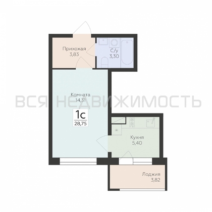 1-комнатная квартира, 28.75кв.м - изображение