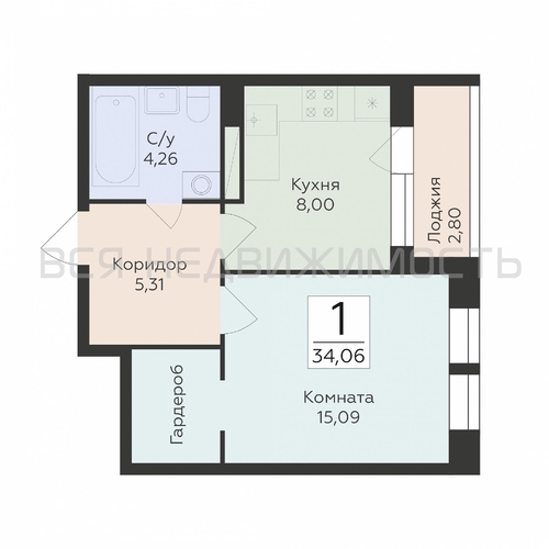 1-комнатная квартира, 34.06кв.м - изображение 0