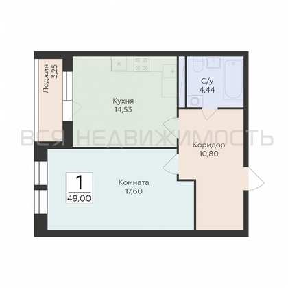 1-комнатная квартира, 49кв.м - изображение