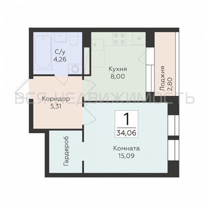1-комнатная квартира, 34.06кв.м - изображение