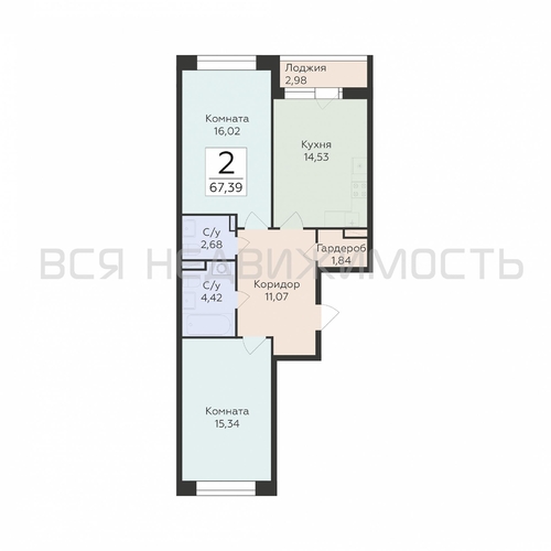 2-комнатная квартира, 67.39кв.м - изображение 0