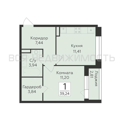 1-комнатная квартира, 39.34кв.м - изображение