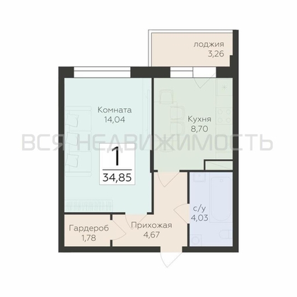 1-комнатная квартира, 34.85кв.м - изображение