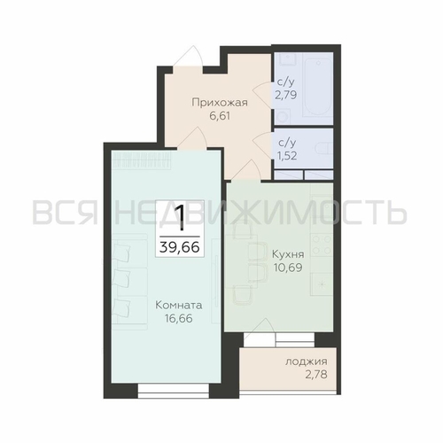 1-комнатная квартира, 39.66кв.м - изображение 0