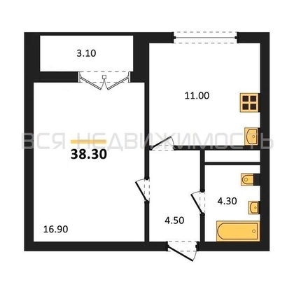 1-комнатная квартира, 38.3кв.м - изображение