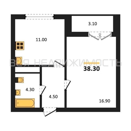 1-комнатная квартира, 38.3кв.м - изображение