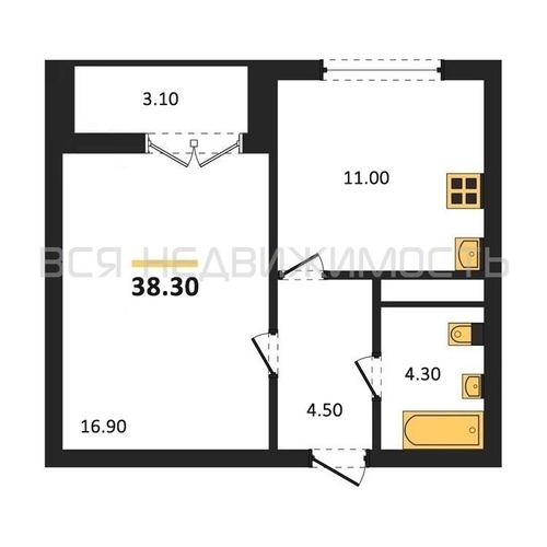 1-комнатная квартира, 38.3кв.м - изображение 0