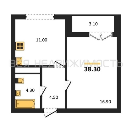 1-комнатная квартира, 38.3кв.м - изображение