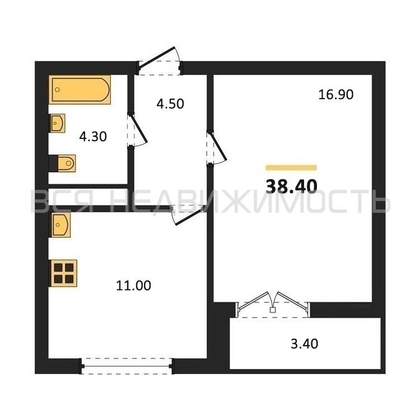 1-комнатная квартира, 38.4кв.м - изображение