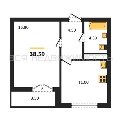 1-комнатная квартира, 38.5кв.м - изображение