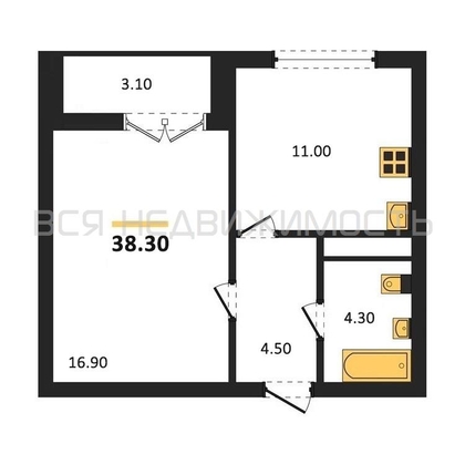 1-комнатная квартира, 38.3кв.м - изображение