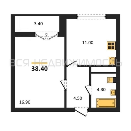1-комнатная квартира, 38.4кв.м - изображение