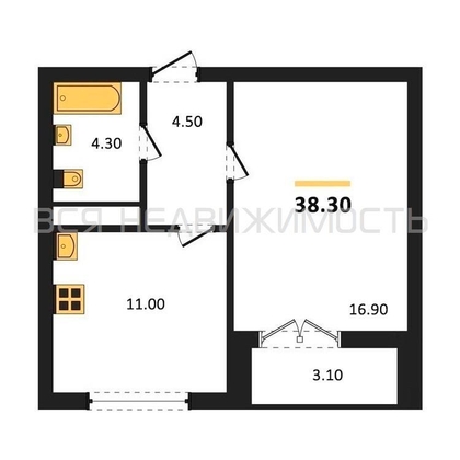 1-комнатная квартира, 38.3кв.м - изображение