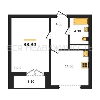 1-комнатная квартира, 38.3кв.м - изображение