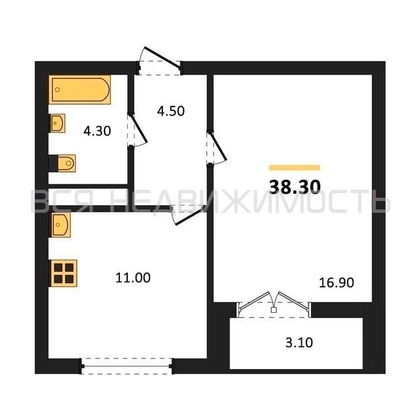 1-комнатная квартира, 38.3кв.м - изображение