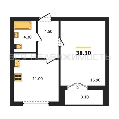 1-комнатная квартира, 38.3кв.м - изображение