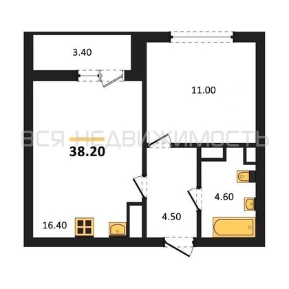 1-комнатная квартира, 38.2кв.м - изображение