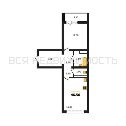 1-комнатная квартира, 46.5кв.м - изображение