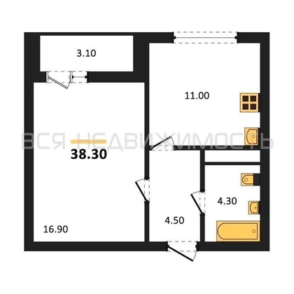 1-комнатная квартира, 38.3кв.м - изображение