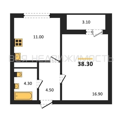 1-комнатная квартира, 38.3кв.м - изображение