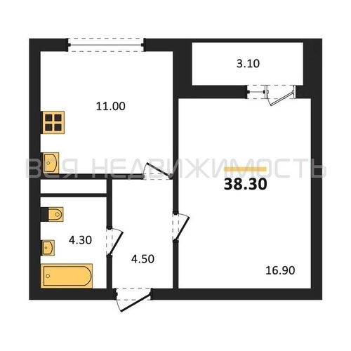 1-комнатная квартира, 38.3кв.м - изображение 0