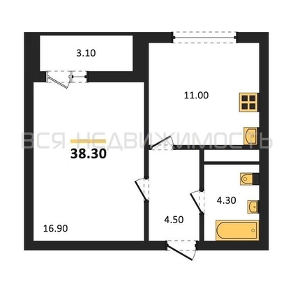 1-комнатная квартира, 38.3кв.м - изображение