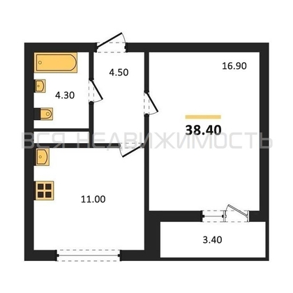 1-комнатная квартира, 38.4кв.м - изображение