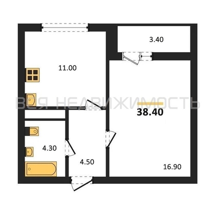 1-комнатная квартира, 38.4кв.м - изображение