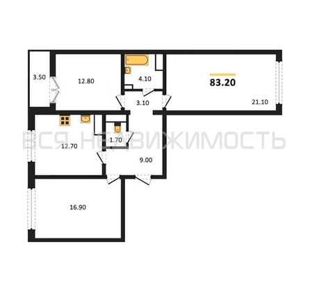 3-комнатная квартира, 83.2кв.м - изображение