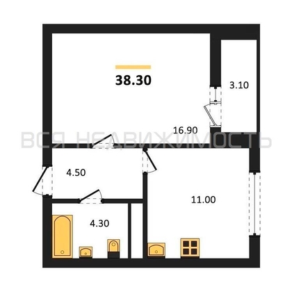 1-комнатная квартира, 38.3кв.м - изображение