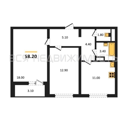 2-комнатная квартира, 58.2кв.м - изображение
