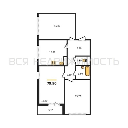 3-комнатная квартира, 79.9кв.м - изображение