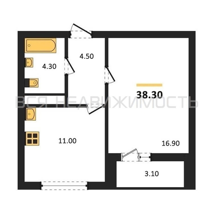 1-комнатная квартира, 38.3кв.м - изображение