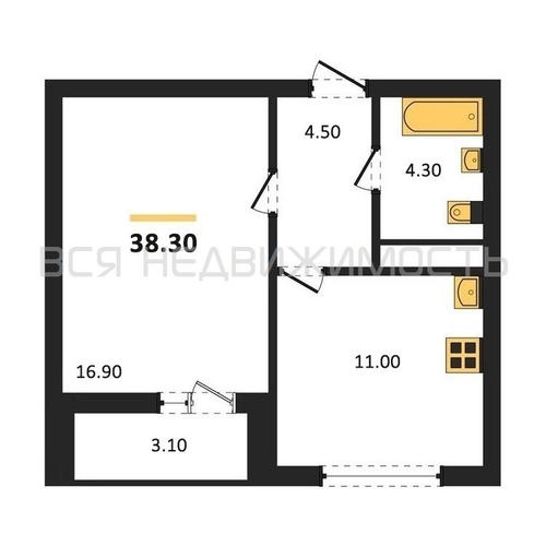 1-комнатная квартира, 38.3кв.м - изображение 0