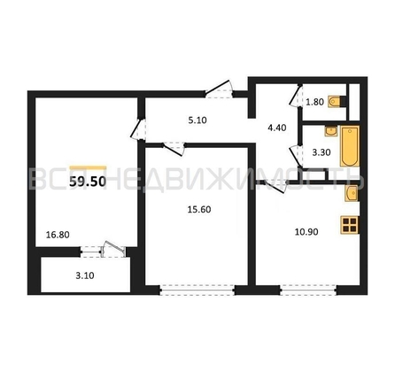 2-комнатная квартира, 59.5кв.м - изображение
