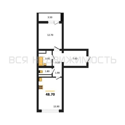 1-комнатная квартира, 48.7кв.м - изображение