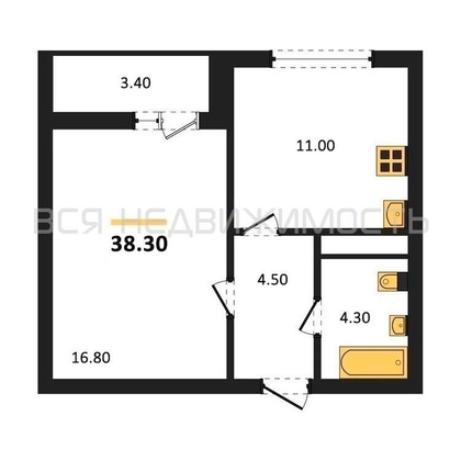 1-комнатная квартира, 38.3кв.м - изображение