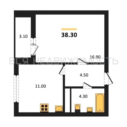 1-комнатная квартира, 38.3кв.м - изображение