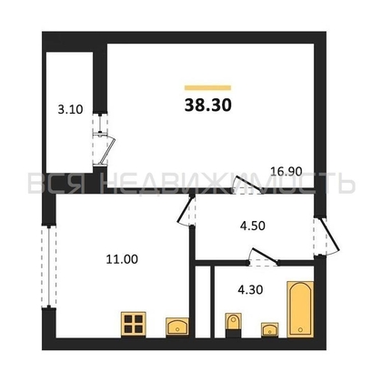 1-комнатная квартира, 38.3кв.м - изображение