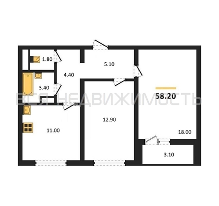 2-комнатная квартира, 58.2кв.м - изображение