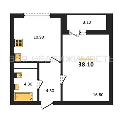 1-комнатная квартира, 38.1кв.м - изображение