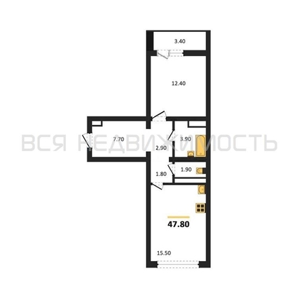 1-комнатная квартира, 47.8кв.м - изображение