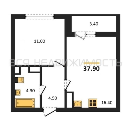 1-комнатная квартира, 37.9кв.м - изображение