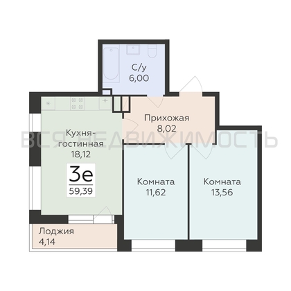 2-комнатная квартира, 59.39кв.м - изображение